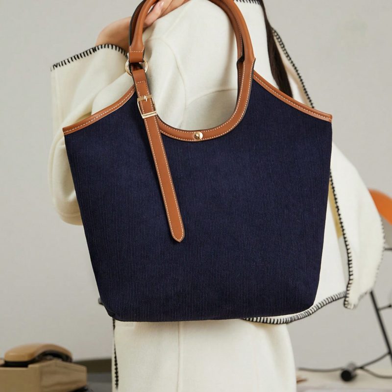 Women’s Casual Tote Bag – Navy Blue Corduroy, Lightweight & Large Capacity
