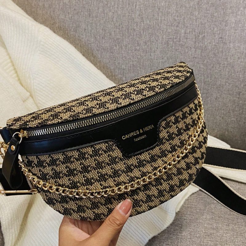 Vintage Chain Decor Y2K Houndstooth & Leopard Print Retro Strap Waist Bag