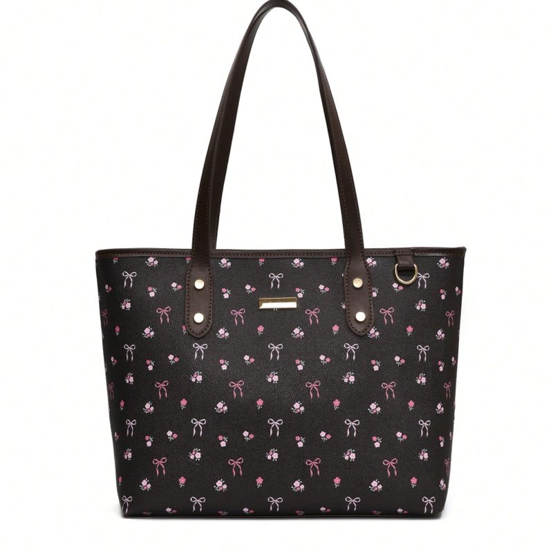 Black Floral Bow Tote Bag