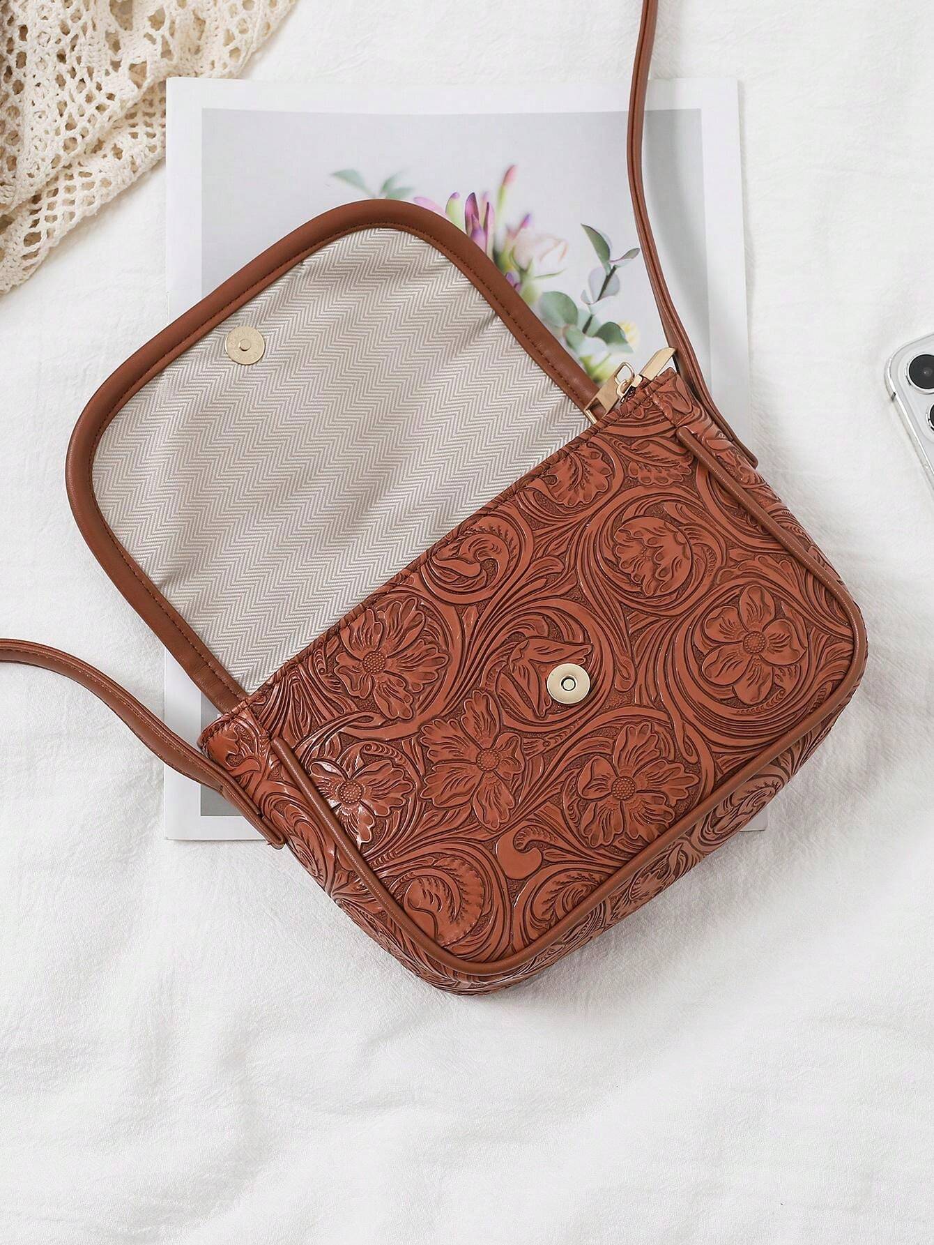 Artificial Leather Embossed Flower Pattern Small Crossbody Bag Retro Casual Shoulder Sling Bag - Image 6