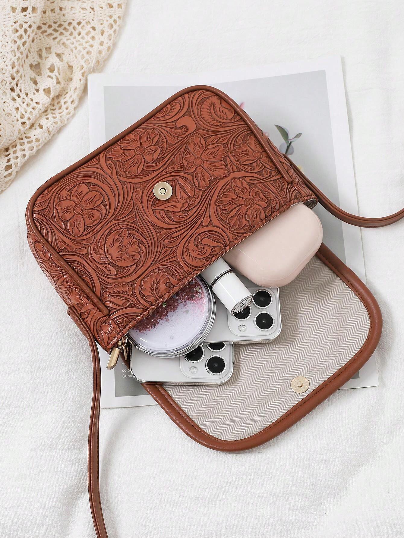 Artificial Leather Embossed Flower Pattern Small Crossbody Bag Retro Casual Shoulder Sling Bag - Image 5