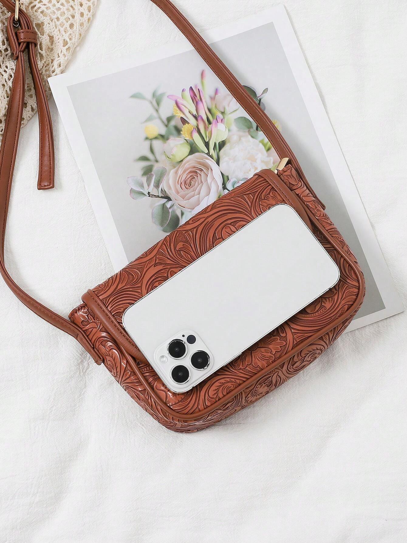 Artificial Leather Embossed Flower Pattern Small Crossbody Bag Retro Casual Shoulder Sling Bag - Image 4