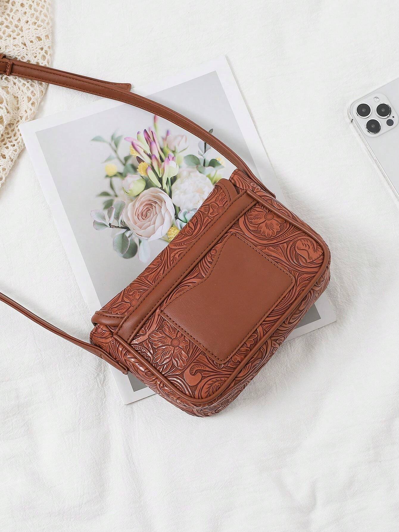 Artificial Leather Embossed Flower Pattern Small Crossbody Bag Retro Casual Shoulder Sling Bag - Image 2