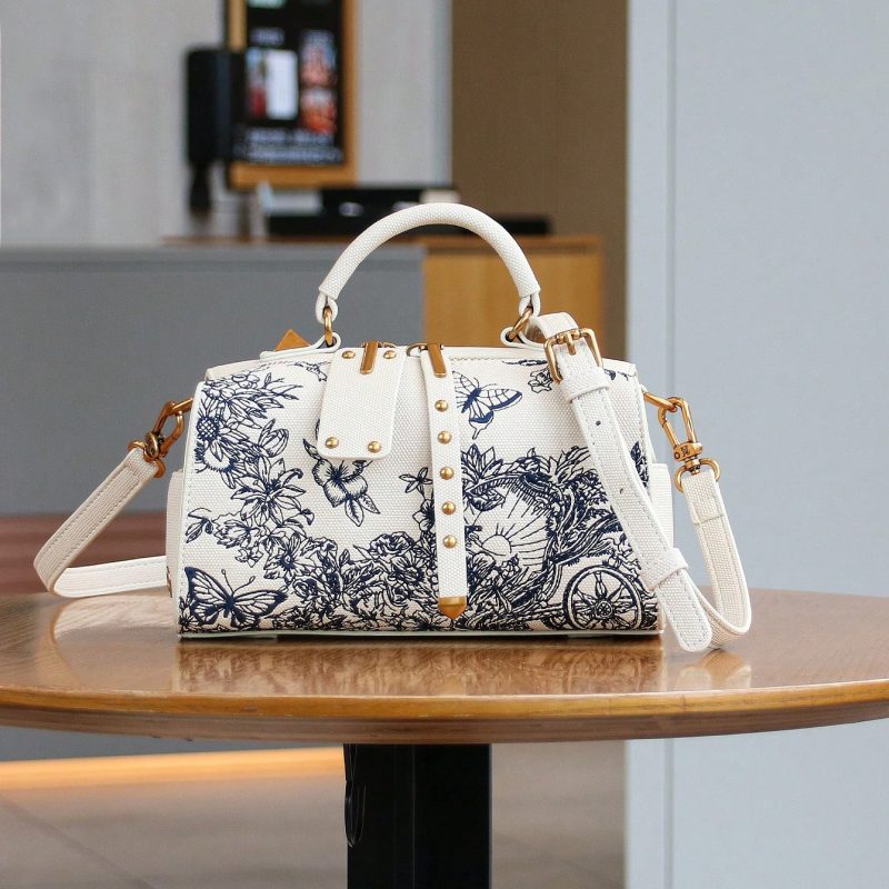 Boston Pillow Bag – Embroidered Butterfly & Floral Design