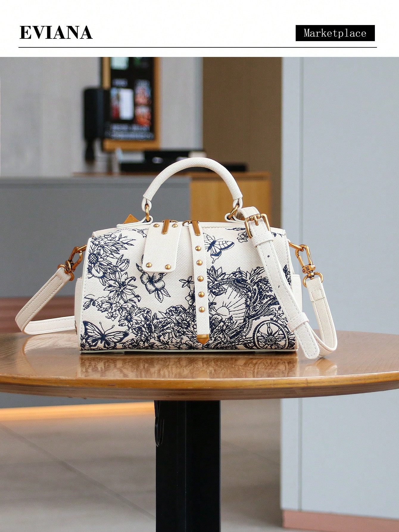 Boston Pillow Bag – Embroidered Butterfly & Floral Design