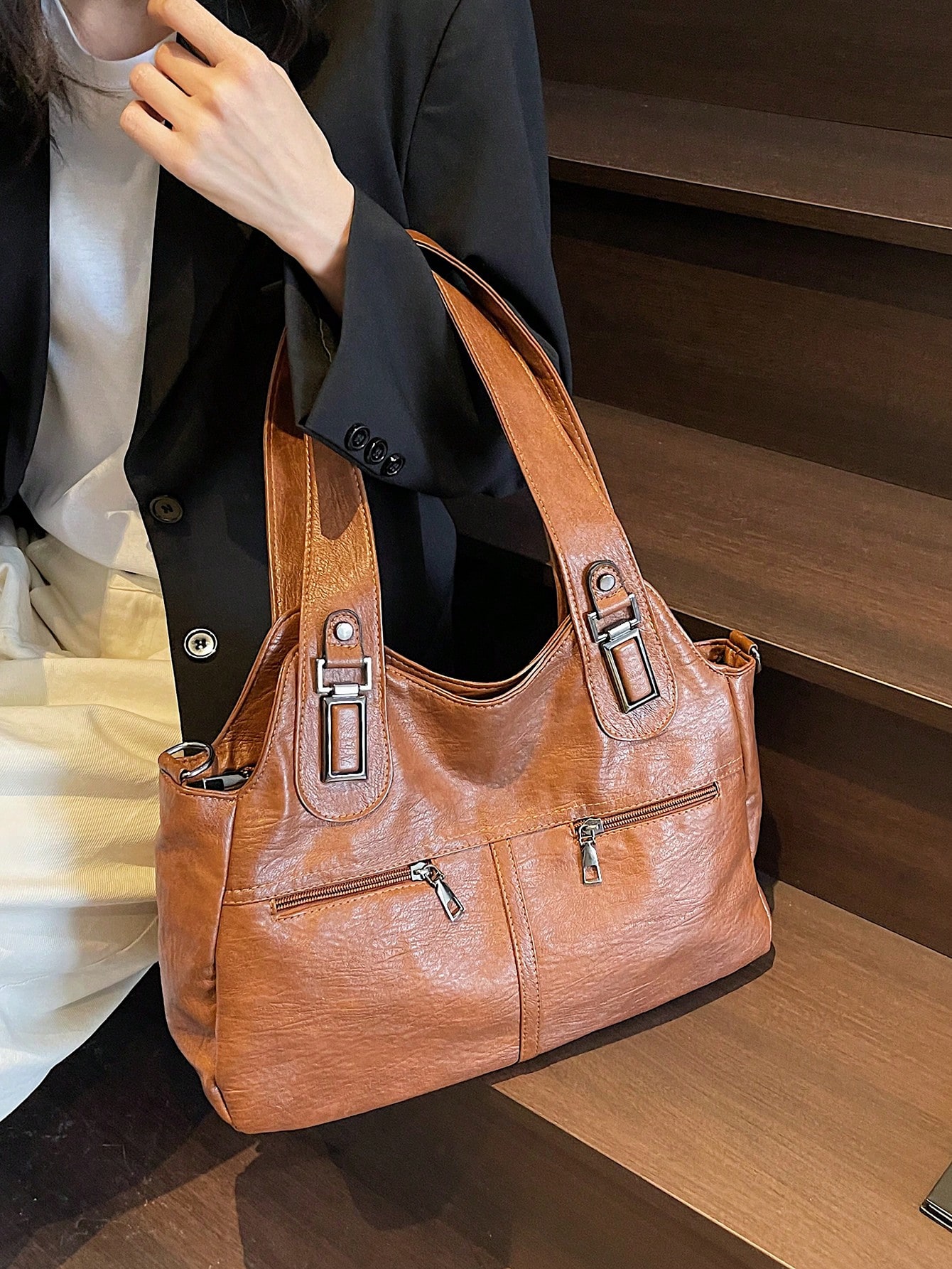 Contrast Textured Tote Bag – Versatile Large-Capacity Handbag - Image 3