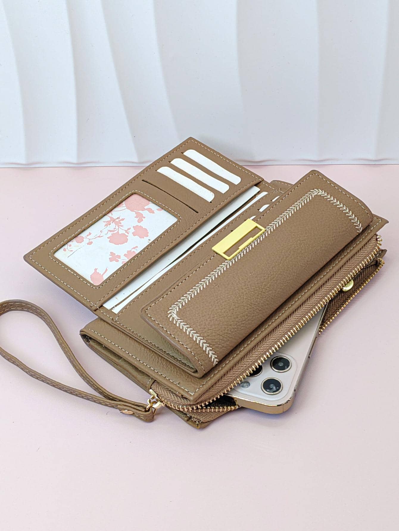 Embossed PU Khaki Slim Wallet – Elegant & Portable - Image 4