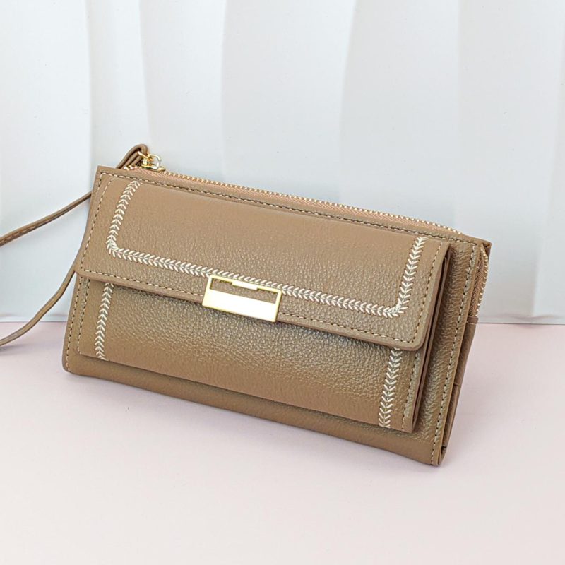 Embossed PU Khaki Slim Wallet – Elegant & Portable