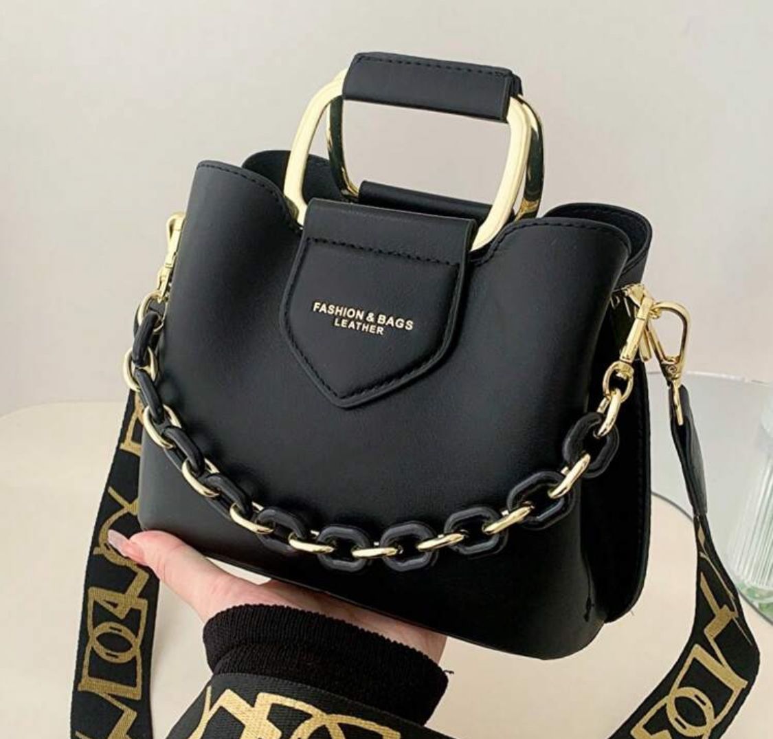 Black Fashion & Leather Mini Tote with Chain Strap