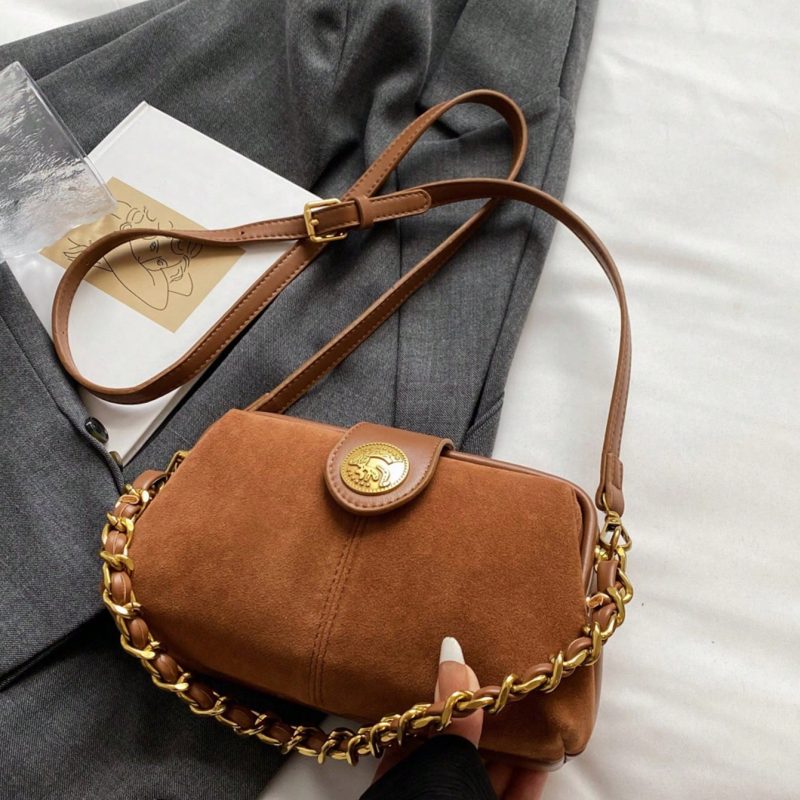 Retro Imitation Suede Chain Shoulder Bag – Personalized Clip Buckle