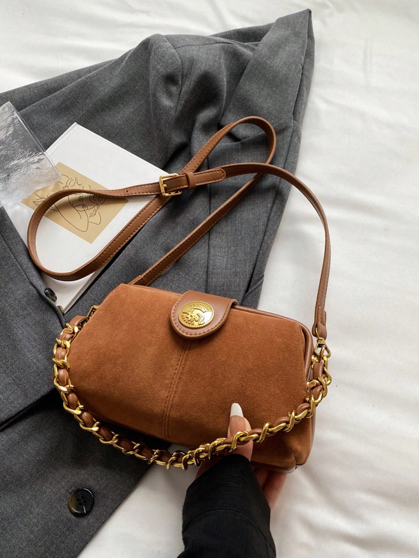 Retro Imitation Suede Chain Shoulder Bag – Personalized Clip Buckle