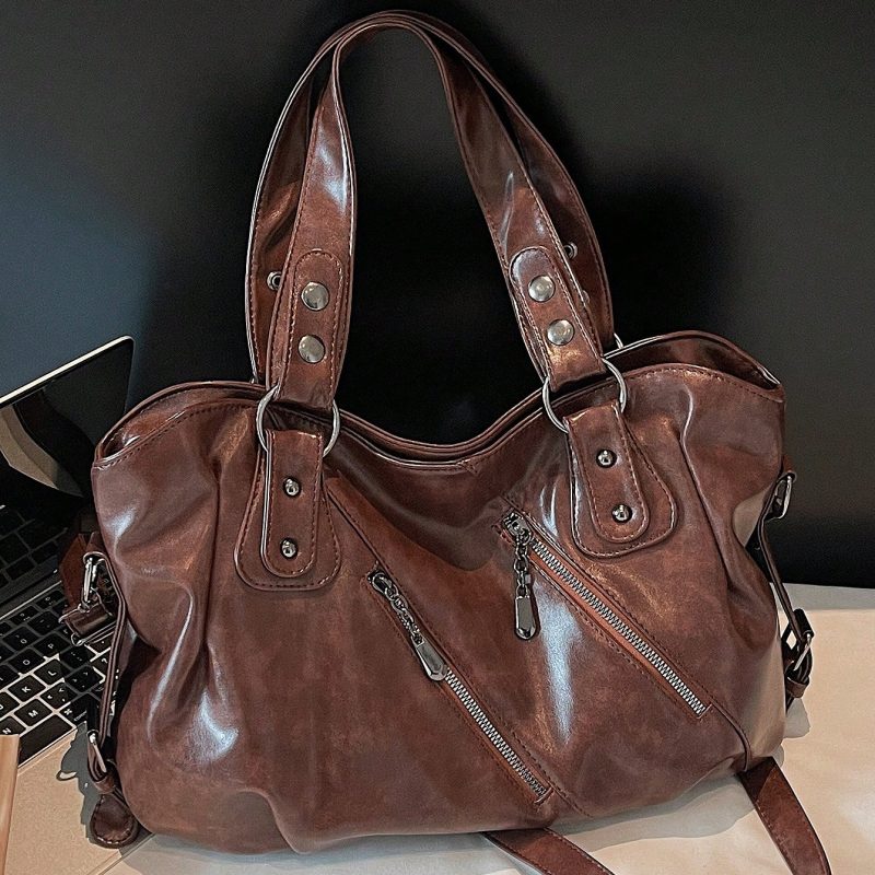 Retro Large-Capacity Tote Bag – Multi-Pocket Shoulder & Messenger Bag