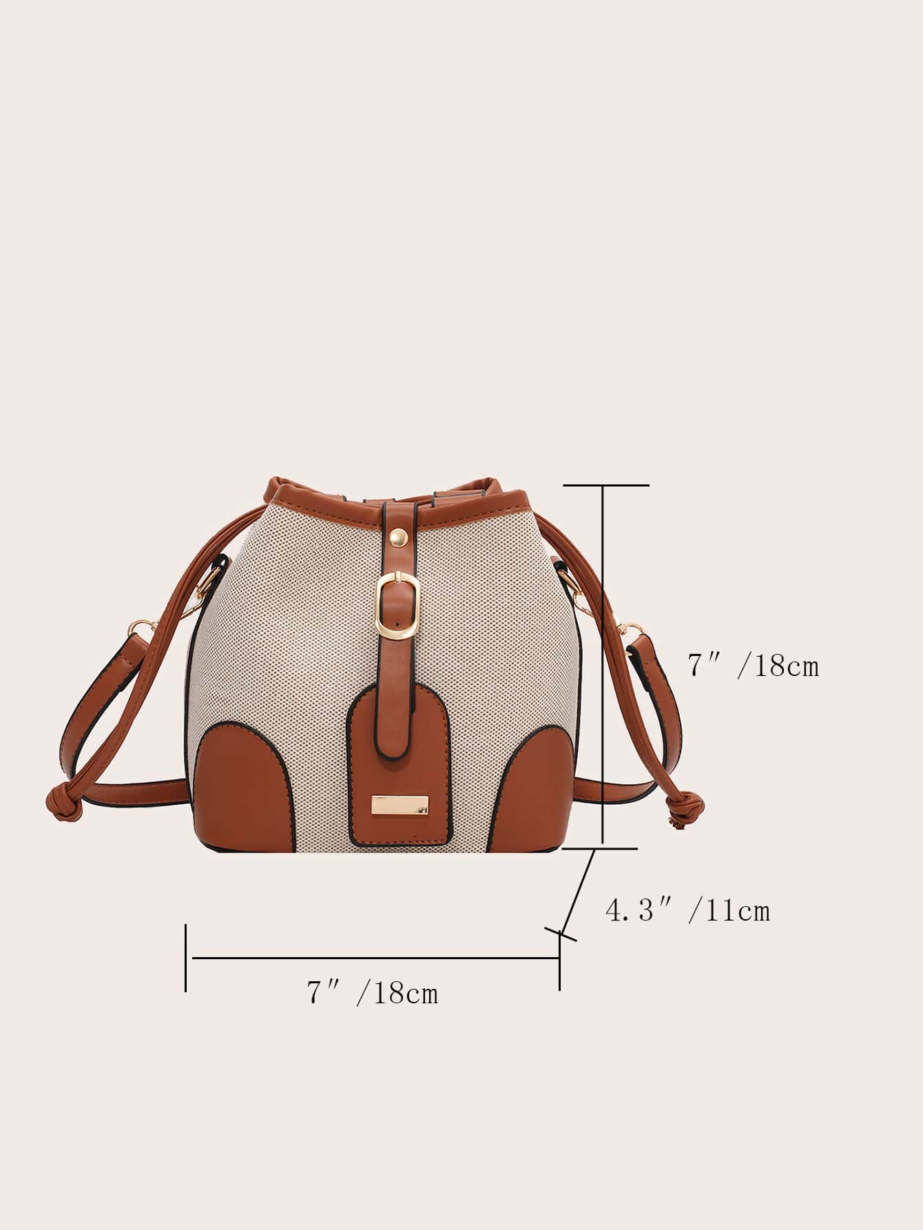 Solid Color Canvas & PU Patchwork Bucket Bag – Leisure Style - Image 6
