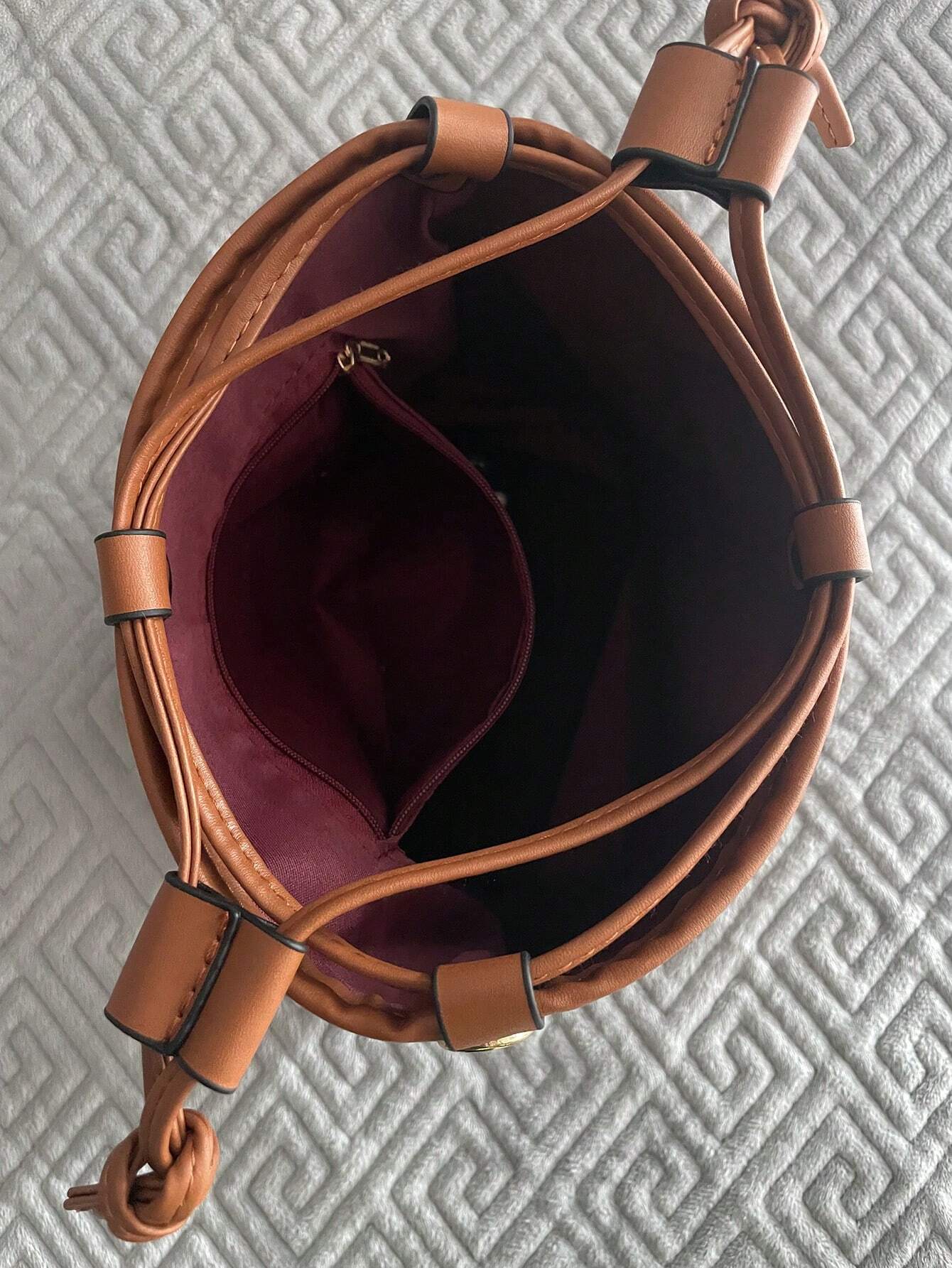 Solid Color Canvas & PU Patchwork Bucket Bag – Leisure Style - Image 3