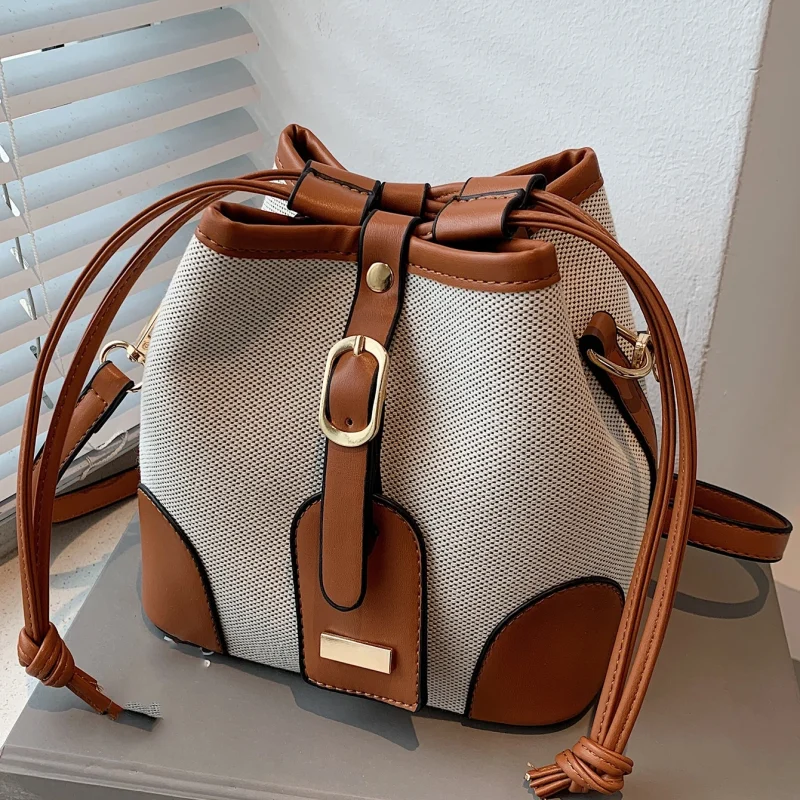 Solid Color Canvas & PU Patchwork Bucket Bag – Leisure Style