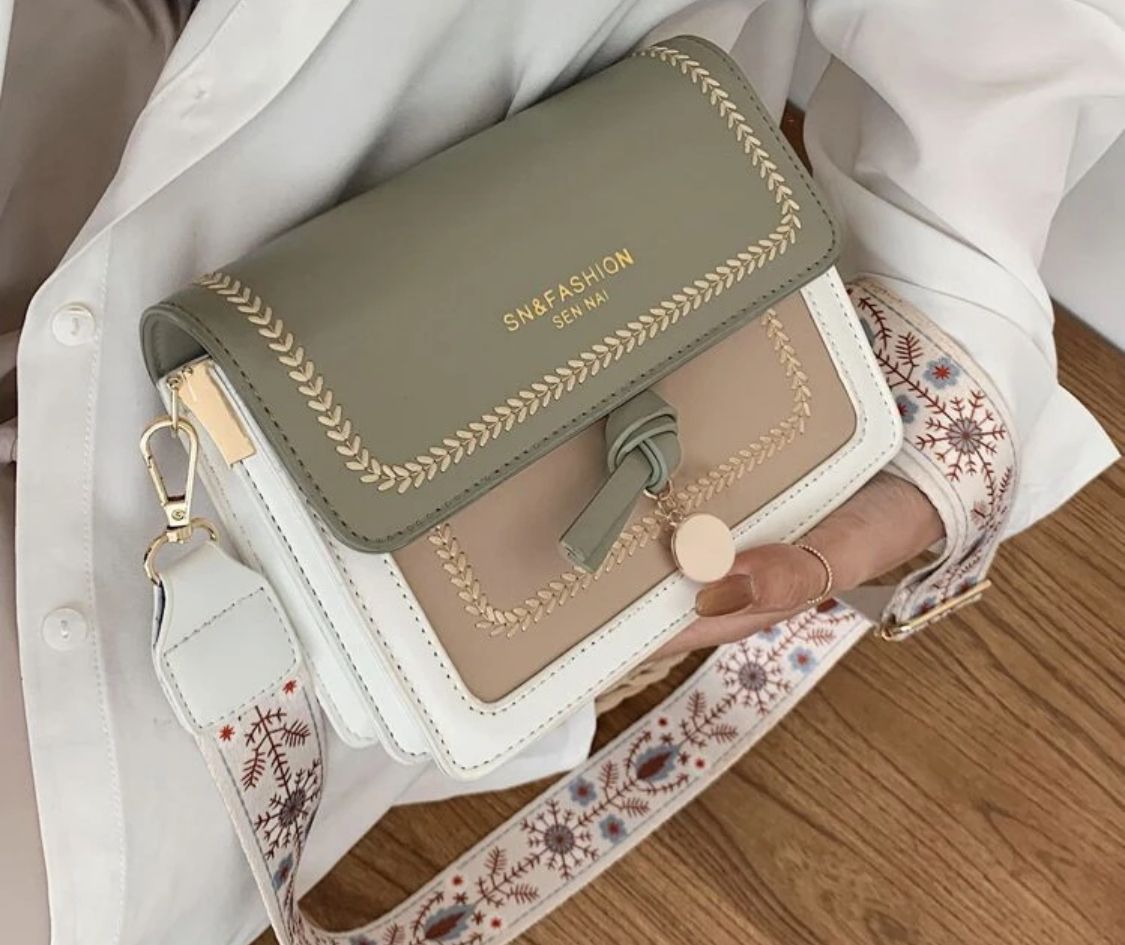 Sage Green Embroidered Layered Shoulder Bag