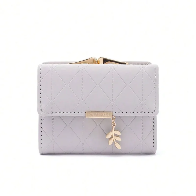 Women's Solid Color Trifold Wallet – Credit Card Slots & Leaf Pendant