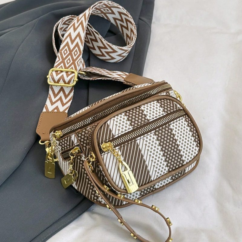 Multi-Zip Patterned Crossbody Bag (Brown Geometric)